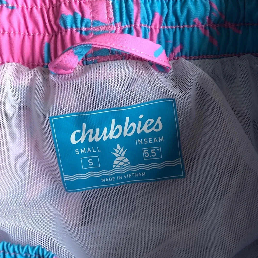 Chubbies Mens Palm Tree Print Swim Trunks Pink Blue Lined Small